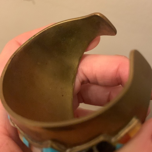 Vintage Zuni inlay ram 🐏 copper cuff, turquoise coral mother of pearl & onyx - Picture 10 of 10